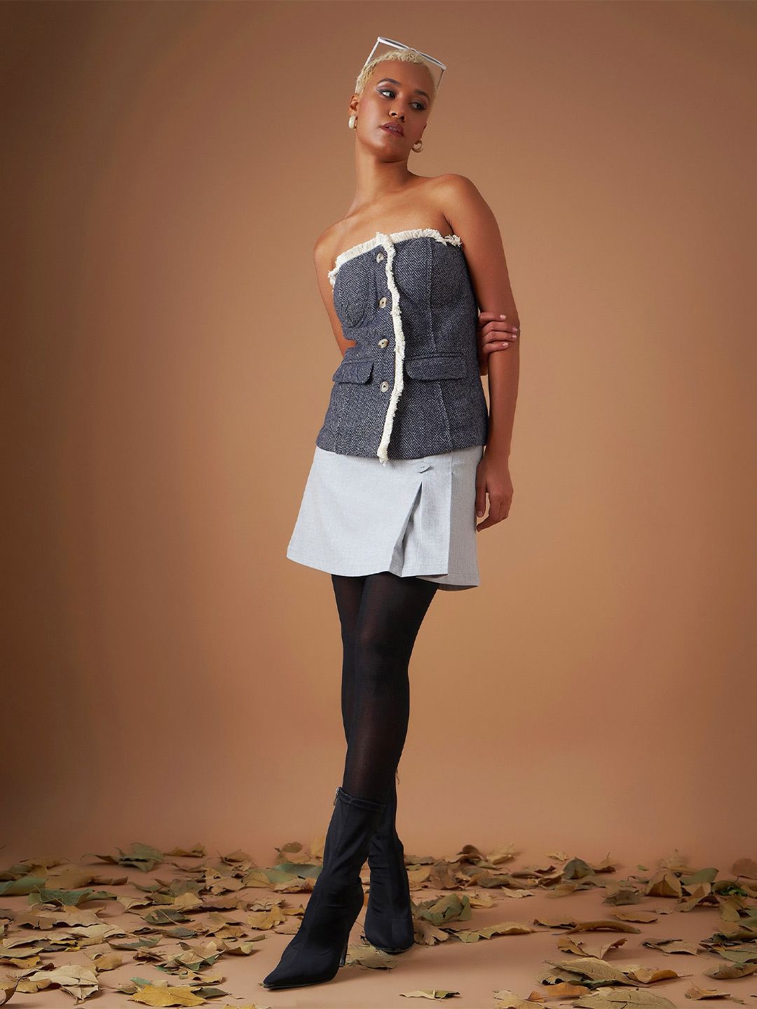 SASSAFRAS Jacquard Geometric Tweed Tube Top