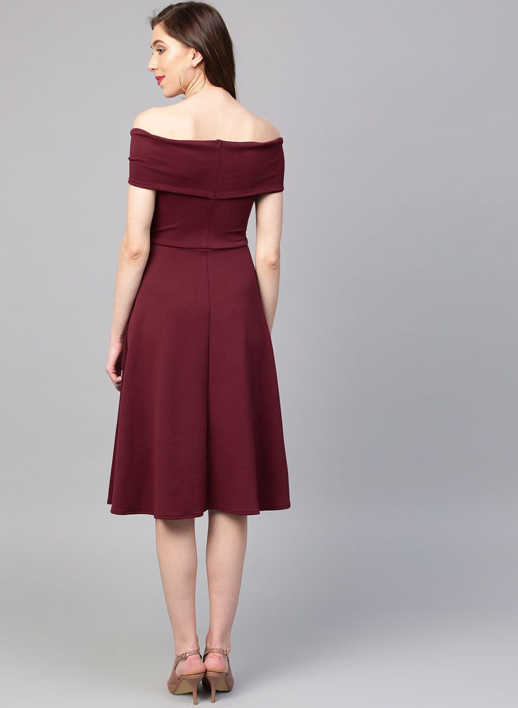 Burgundy Solid Off-Shoulder Fit & Flare Dress