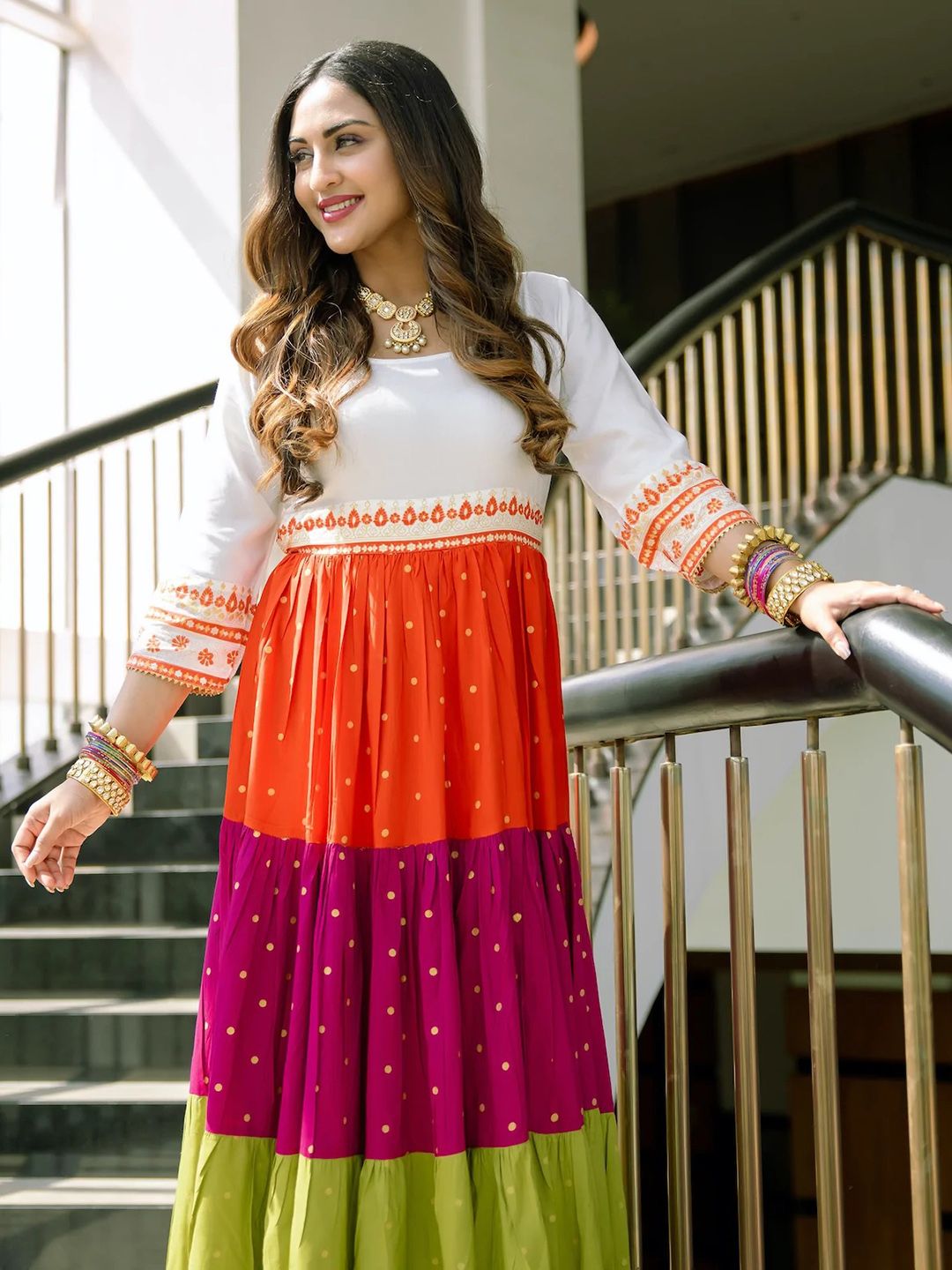 Rustorange Multicolor Colourblocked Tiered Maxi Dress