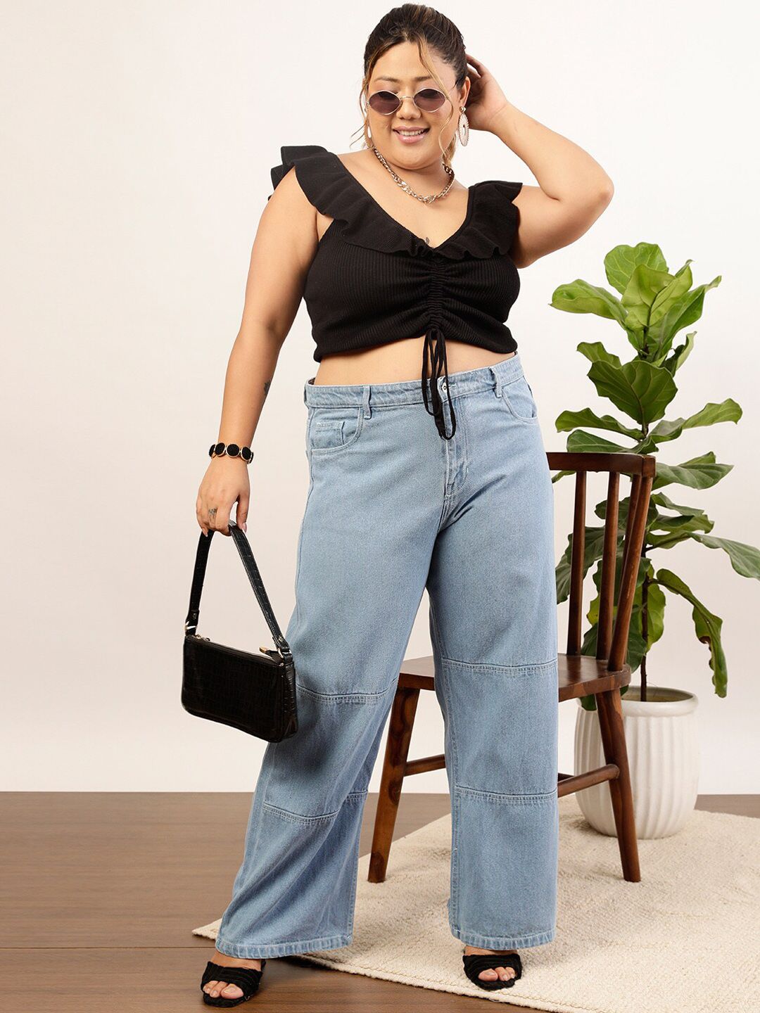 CURVY STREET Women Plus Size Blue Mid-Rise Clean Look Pure Cotton Wide Leg Jeans