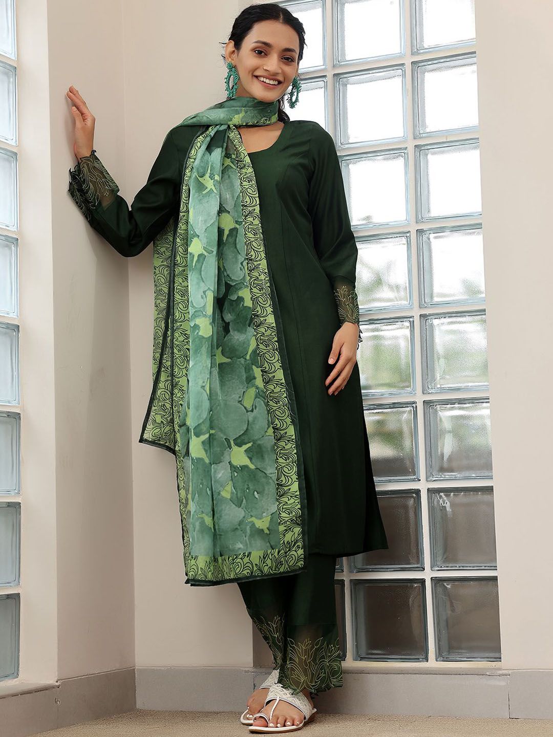 Libas Floral Yoke Design Panelled Beads and Stones Straight Kurta with Trousers & Dupatta
