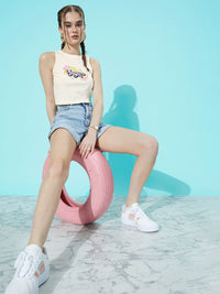 DressBerry Misty White Print Cotton Hollaback Neck It Is Crop Tank Top