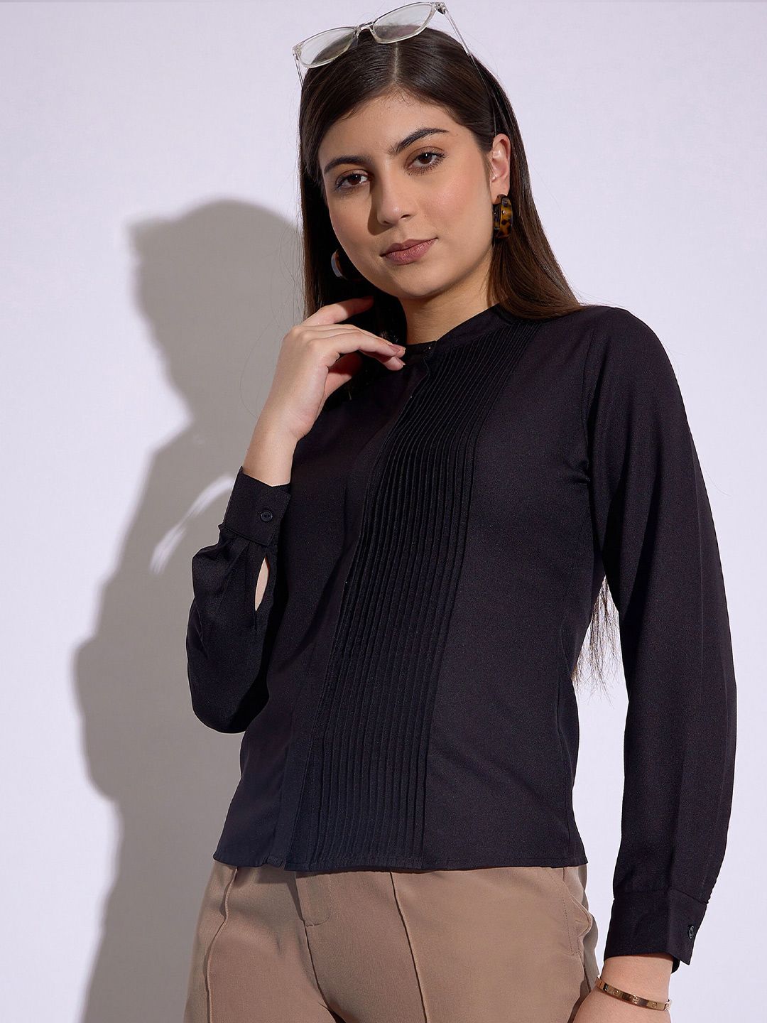 SASSAFRAS worklyf Mandarin Collar Cuffed Sleeves Pleated Shirt Style Top