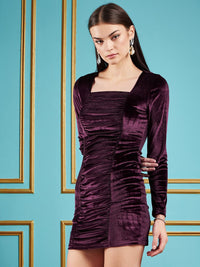SASSAFRAS Purple Square Neck Gathered Detail Velvet Bodycon Dress