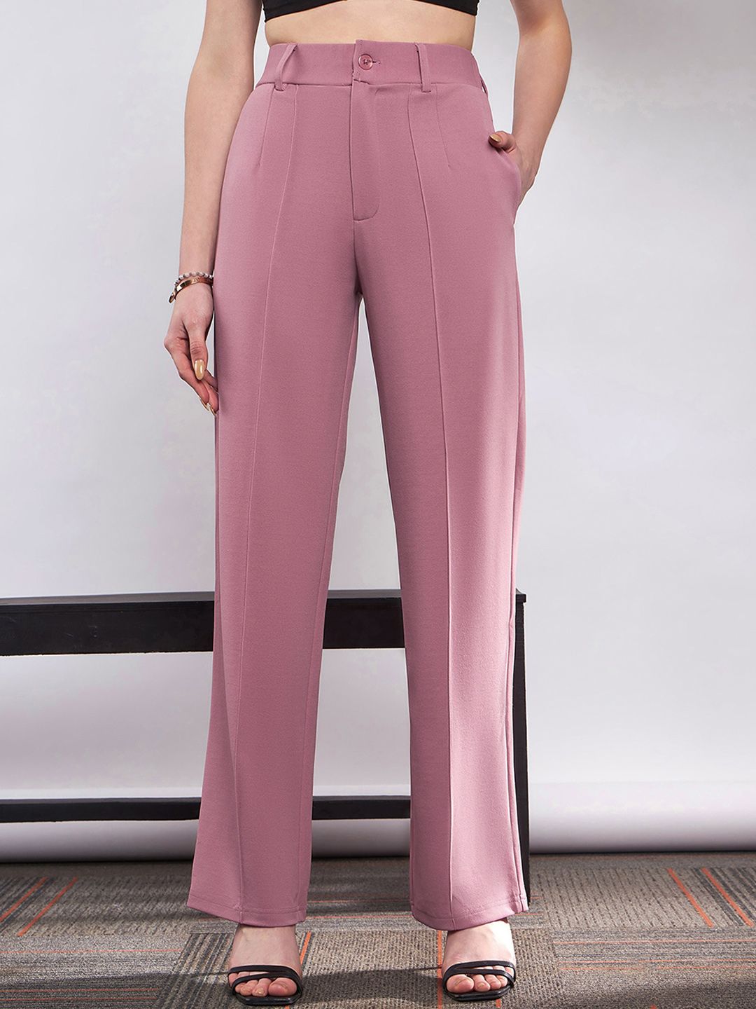 SASSAFRAS Women Pink Straight Fit High-Rise Bootcut Trousers