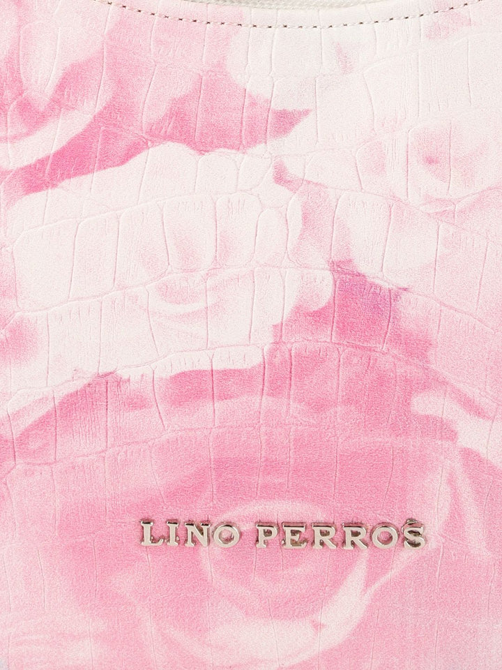 Lino Perros Women Off-White & Pink Floral Printed Croc Textured Structured Baguette Bag