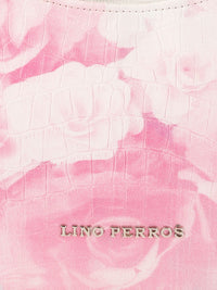 Lino Perros Women Off-White & Pink Floral Printed Croc Textured Structured Baguette Bag