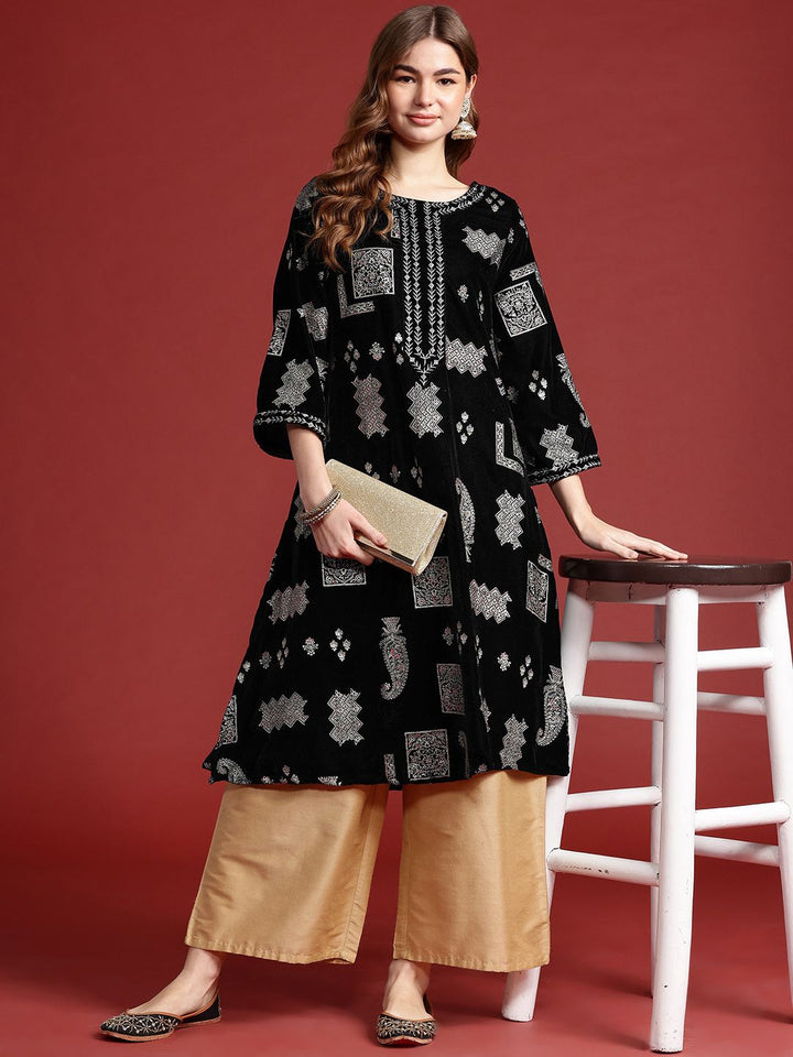 Anouk Women Tyohar Collection Ethnic Motifs Printed Thread Work Velvet Finish A-Line Kurta