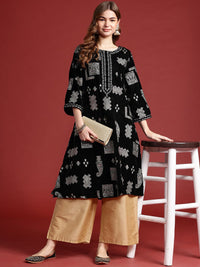 Anouk Women Tyohar Collection Ethnic Motifs Printed Thread Work Velvet Finish A-Line Kurta