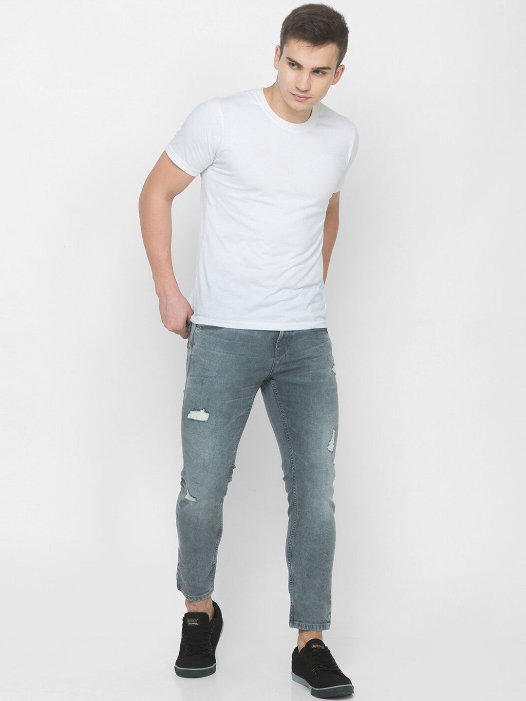 SPYKAR Men Grey Slim Fit Highly Distressed Light Fade Jeans