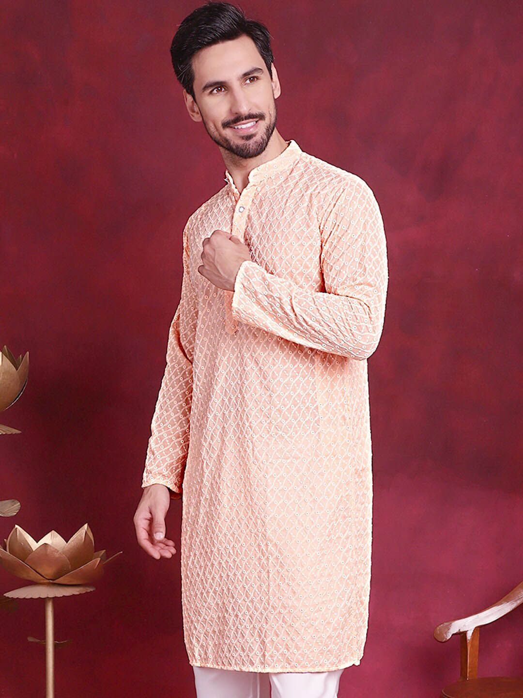 Jompers Geometric Embroidered Chikankari Band Collar Long Sleeve Collar Cotton Kurta