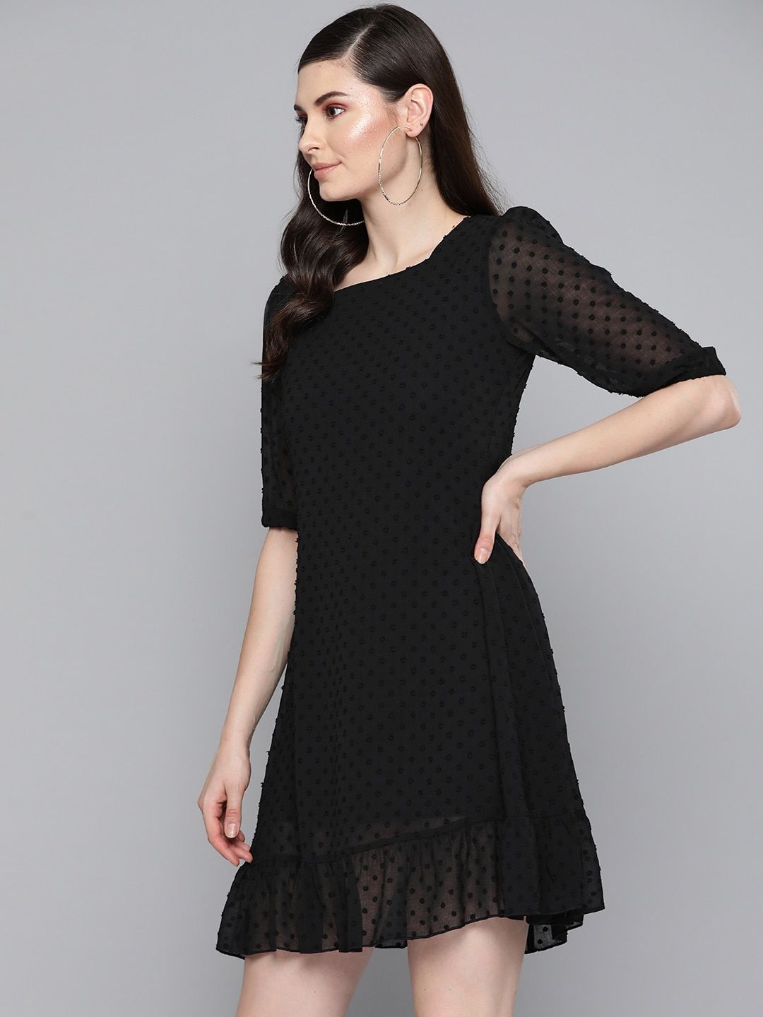 SASSAFRAS Black Self Design Dobby Weave A-Line Dress