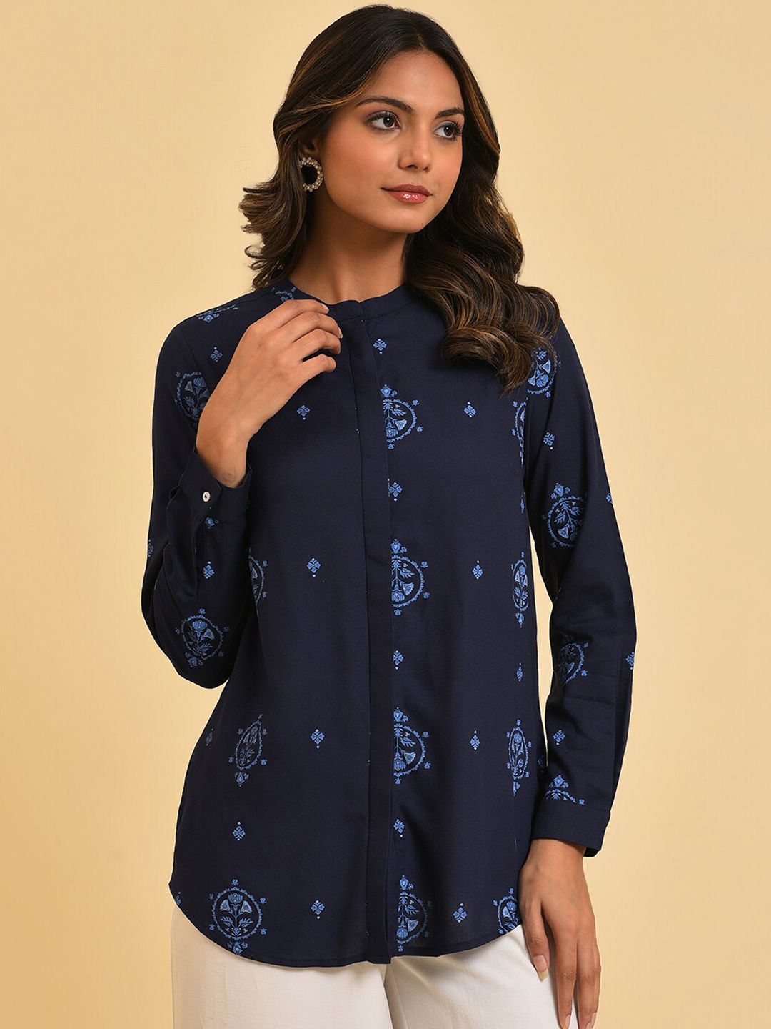 W Blue Ethnic Motifs Printed Casual Shirt