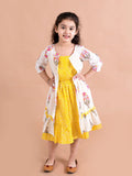pspeaches Girls Yellow Striped Cotton Midi Dress With Printed Shrug