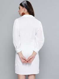 SASSAFRAS Women White Schiffli Embroidered Shirt Dress