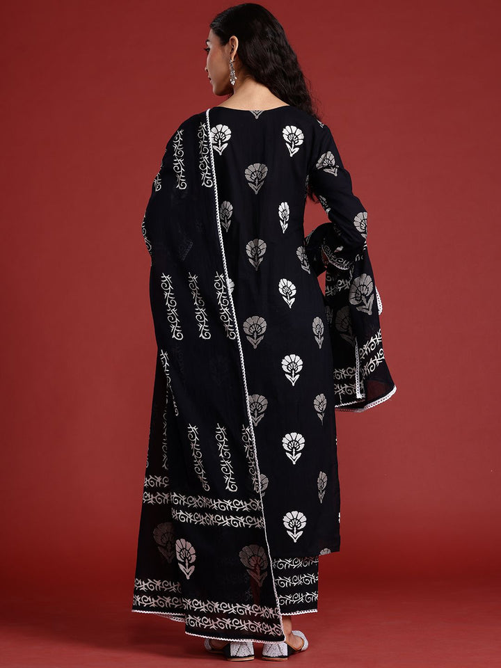Indo Era Floral Printed Regular Pure Cotton Kurta With Trousers & Dupatta