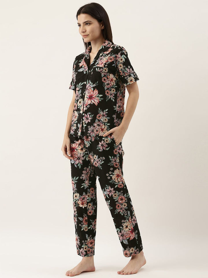 SANSKRUTIHOMES Women Black Pure Cotton Floral Print Pyjama Set