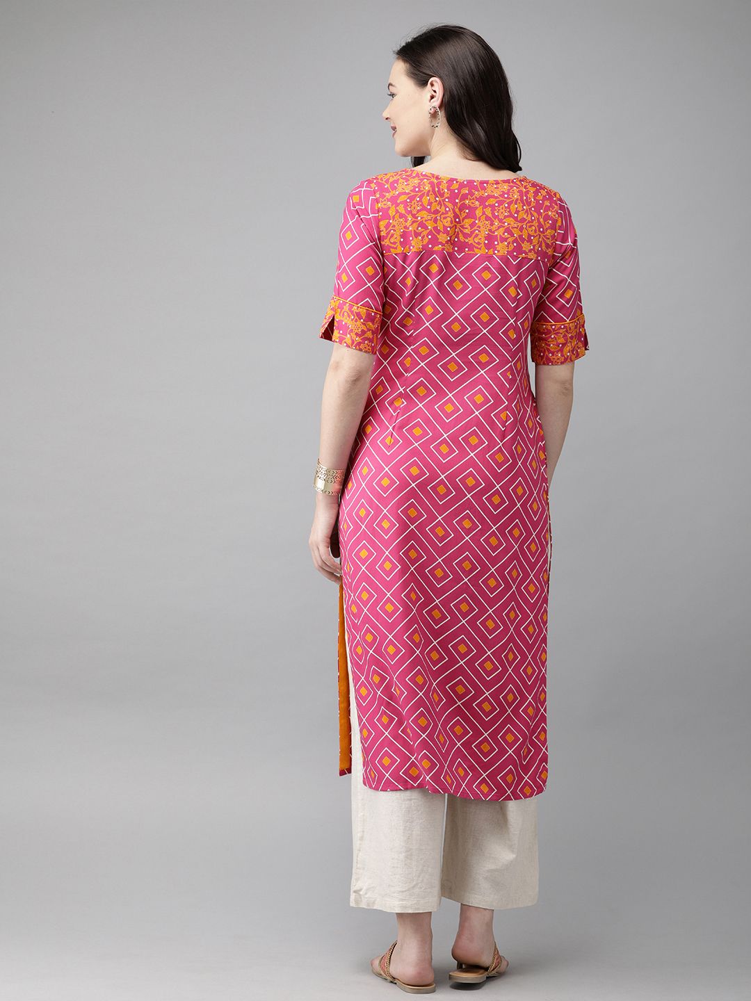 Anouk Women Pink & Mustard Yellow Printed Straight Kurta