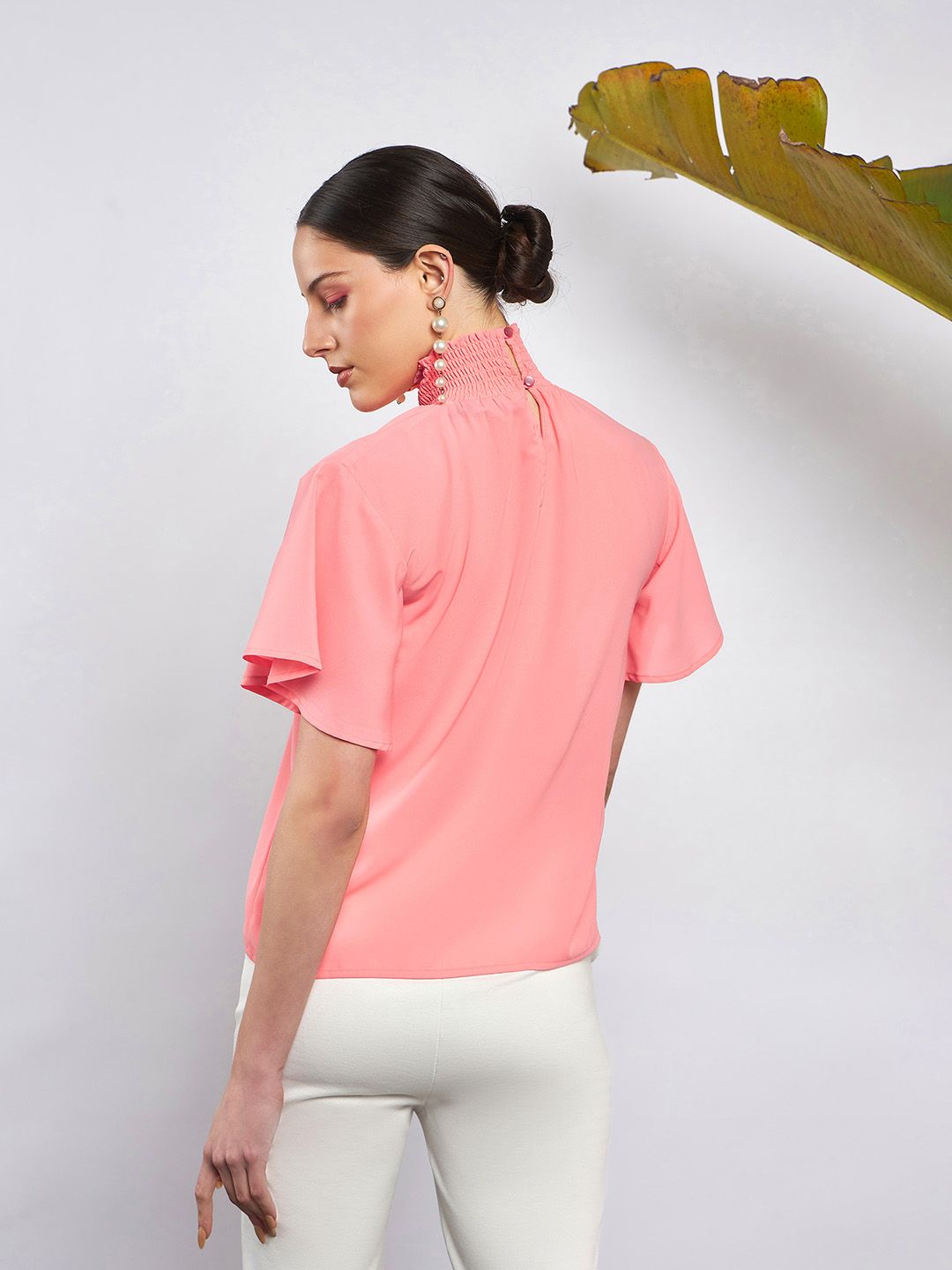 SASSAFRAS Peach-Coloured High Neck Flared Sleeve Smocked Georgette Top