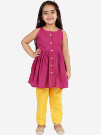 VASTRAMAY Girls Purple Pure Cotton Anarkali Kurti and Trousers