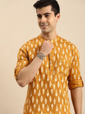 Anouk Men Mustard Yellow & White Printed Roll-Up Sleeves Pure Cotton Short Kurta