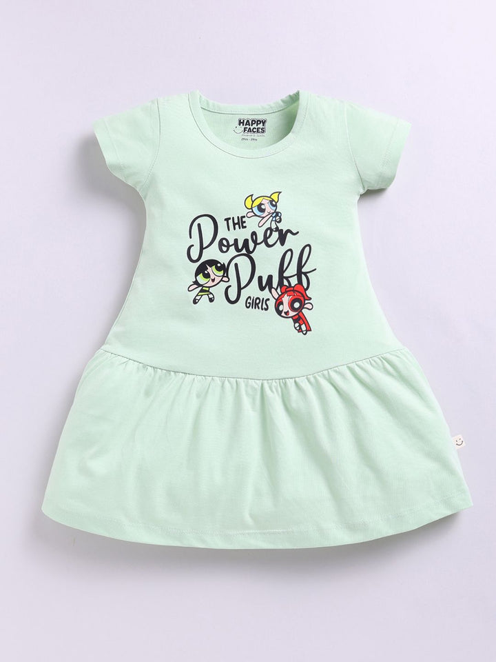 Happy Faces Girls Powerpuff Printed Pure Cotton Fit & Flare Dress