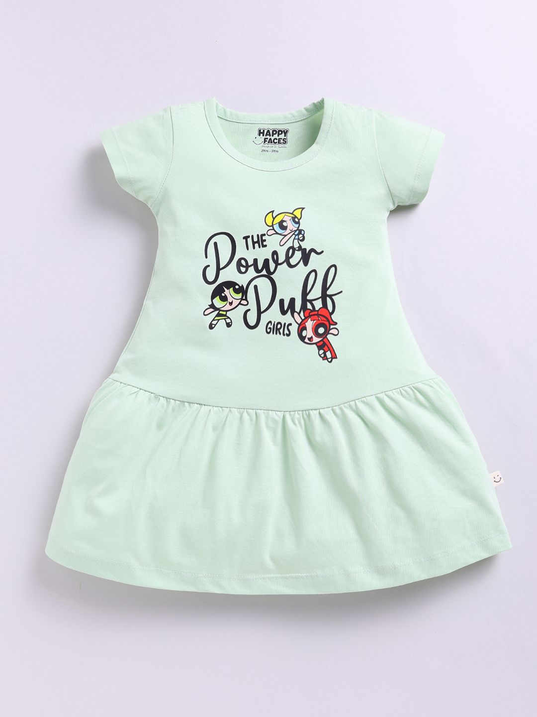 Happy Faces Girls Powerpuff Printed Pure Cotton Fit & Flare Dress