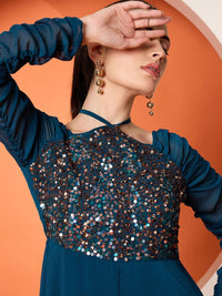 Antheaa Women Halter Neck Sequined Embellished Maxi Dress