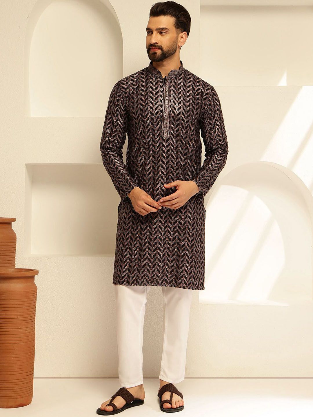 SOJANYA Geometric Embroidered Mandarin Collar Sequinned Cotton Straight Kurta