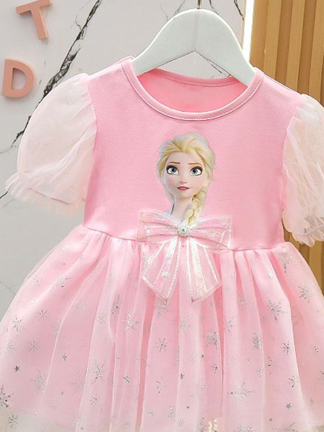 YK Girls Cotton Tulle Printed Puff Sleeve Fit & Flare Dress