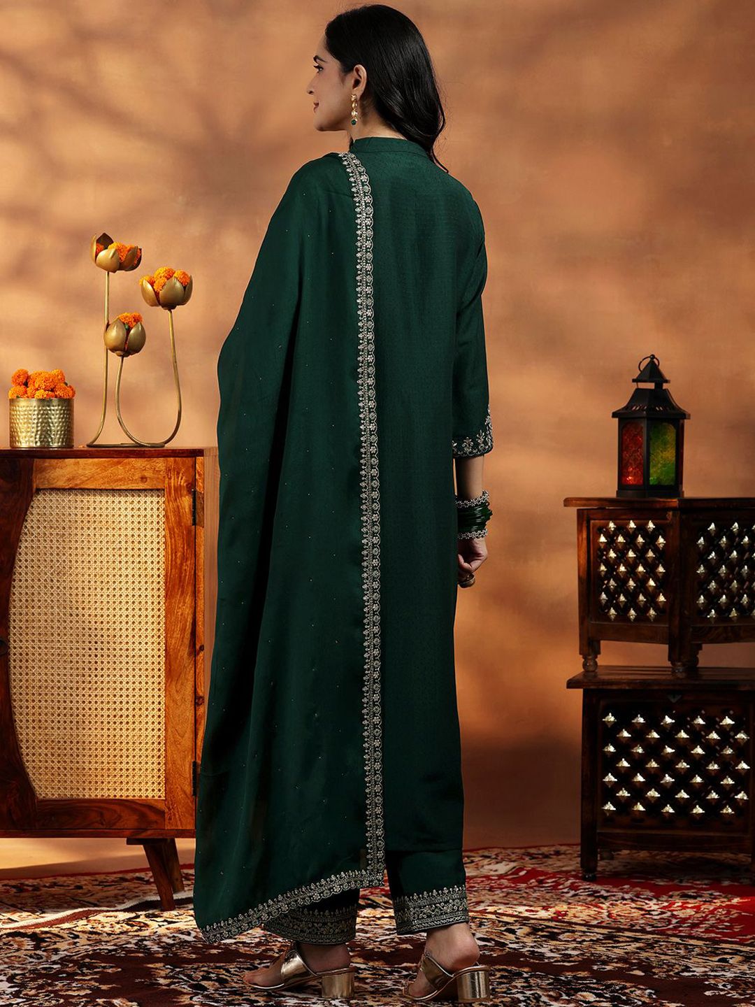 Libas Floral Yoke Design Pleated Sequinned Dobby A-Line Kurta With Palazzo & Dupatta