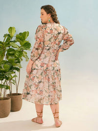 SASSAFRAS Curve Women Plus Size Floral Printed Tiered  Georgette Empire Midi Dress