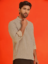Jompers Checked Band Collar Long Roll-Up Sleeves Straight Kurta