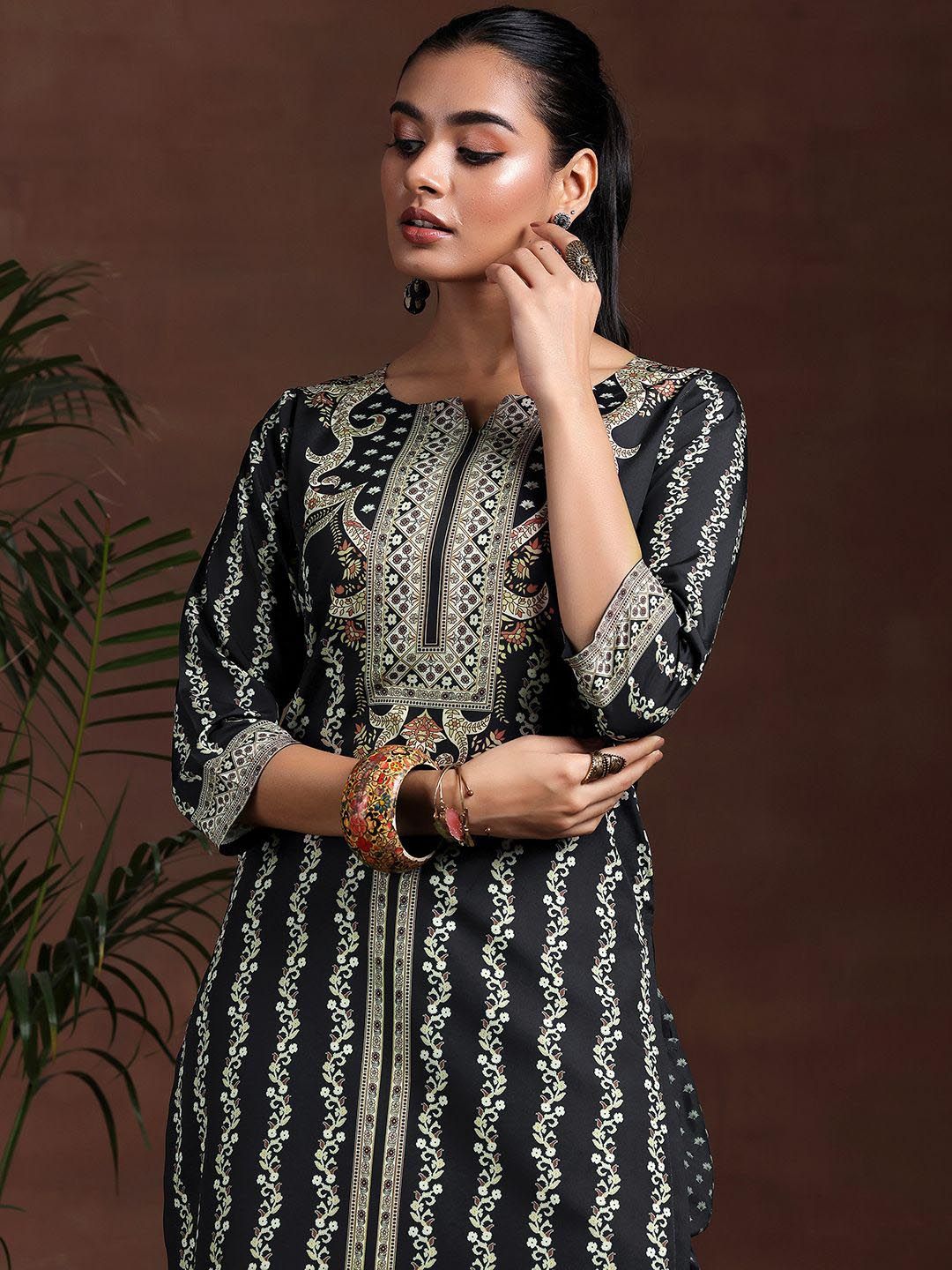 Libas Floral Printed Notched Neck Straight Kurta With Trousers & Dupatta