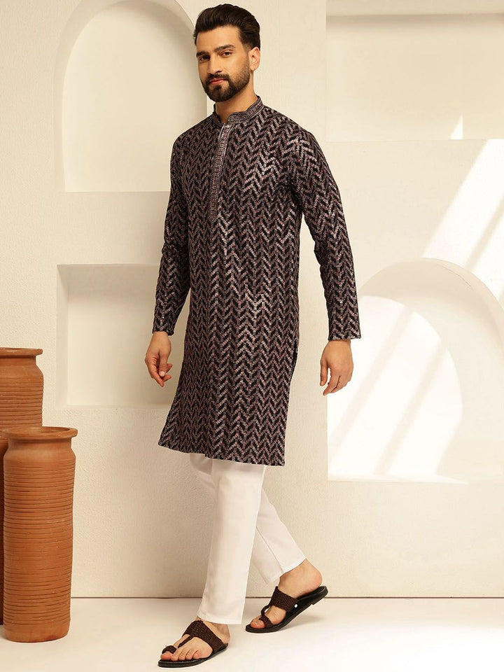 SOJANYA Geometric Embroidered Mandarin Collar Sequinned Cotton Straight Kurta