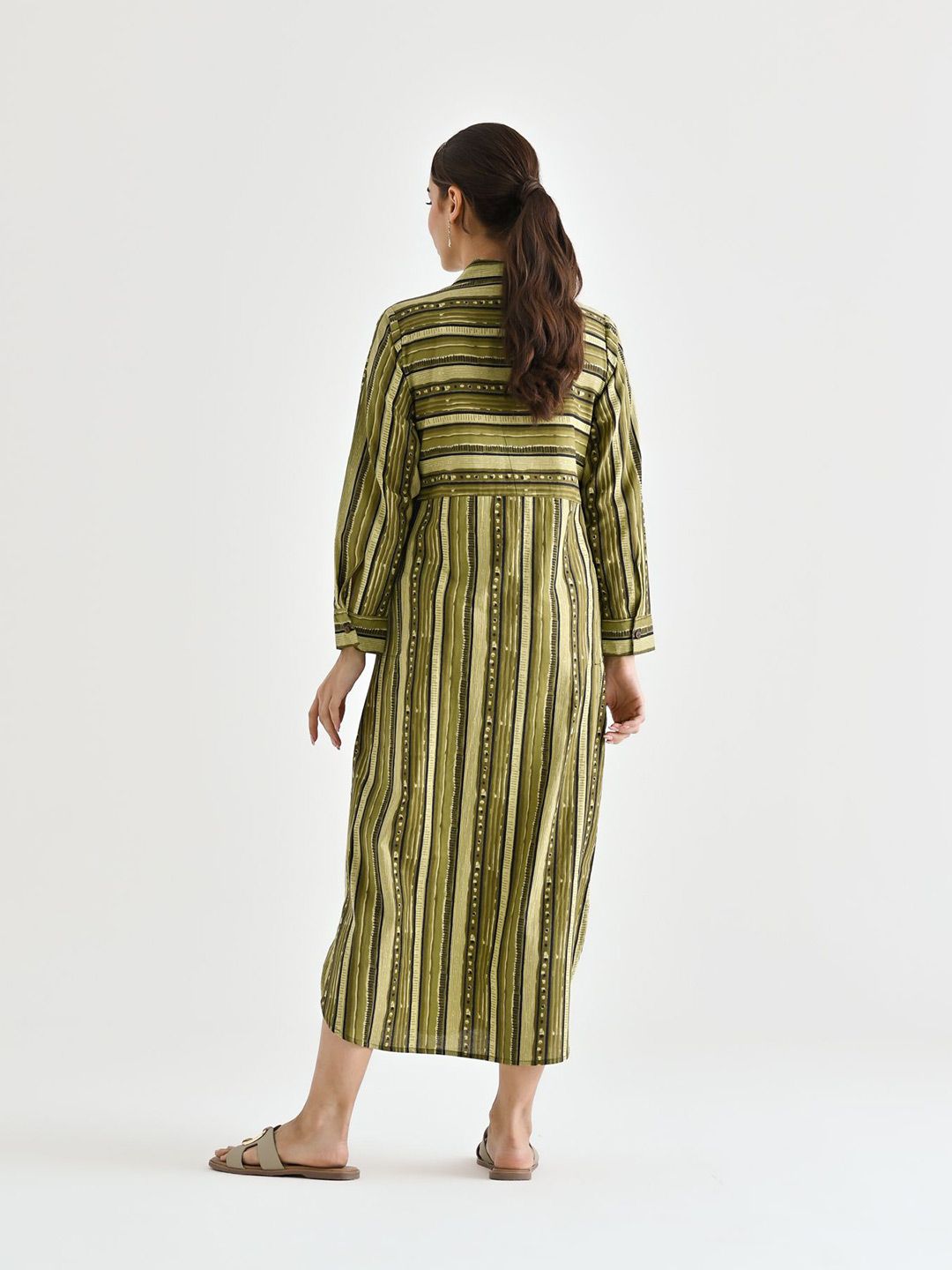 Rustorange  Women Striped Cotton Shirt Collar Shirt Midi Dress