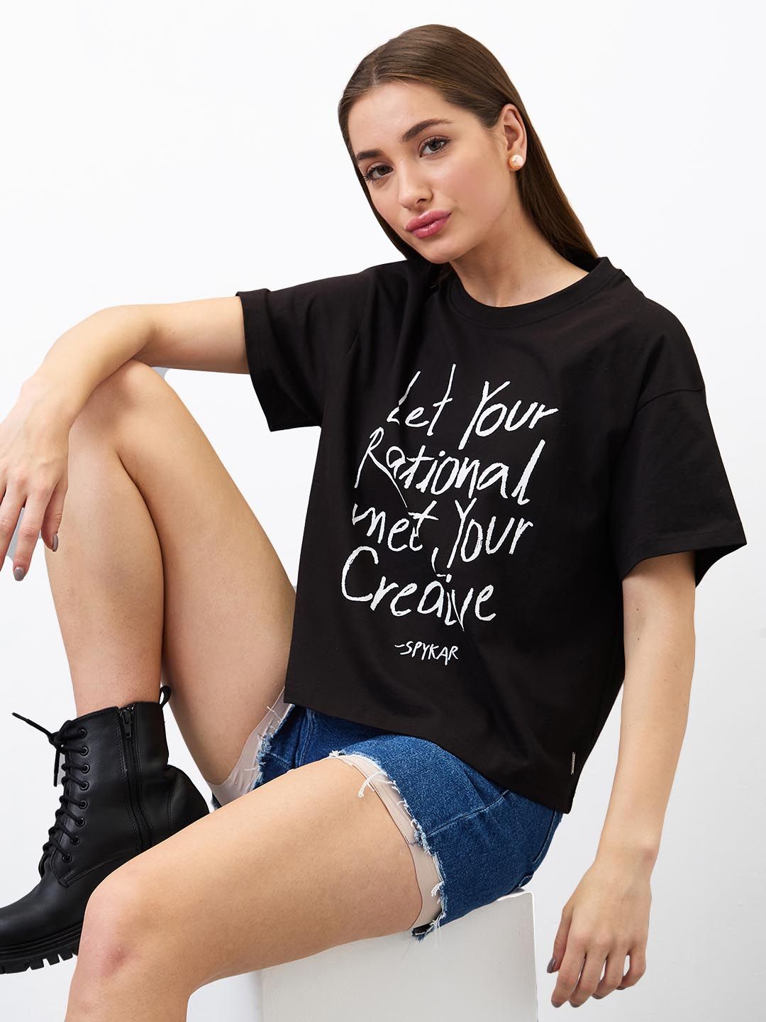 SPYKAR Women Typography Printed Round Neck Cotton Boxy T-shirt