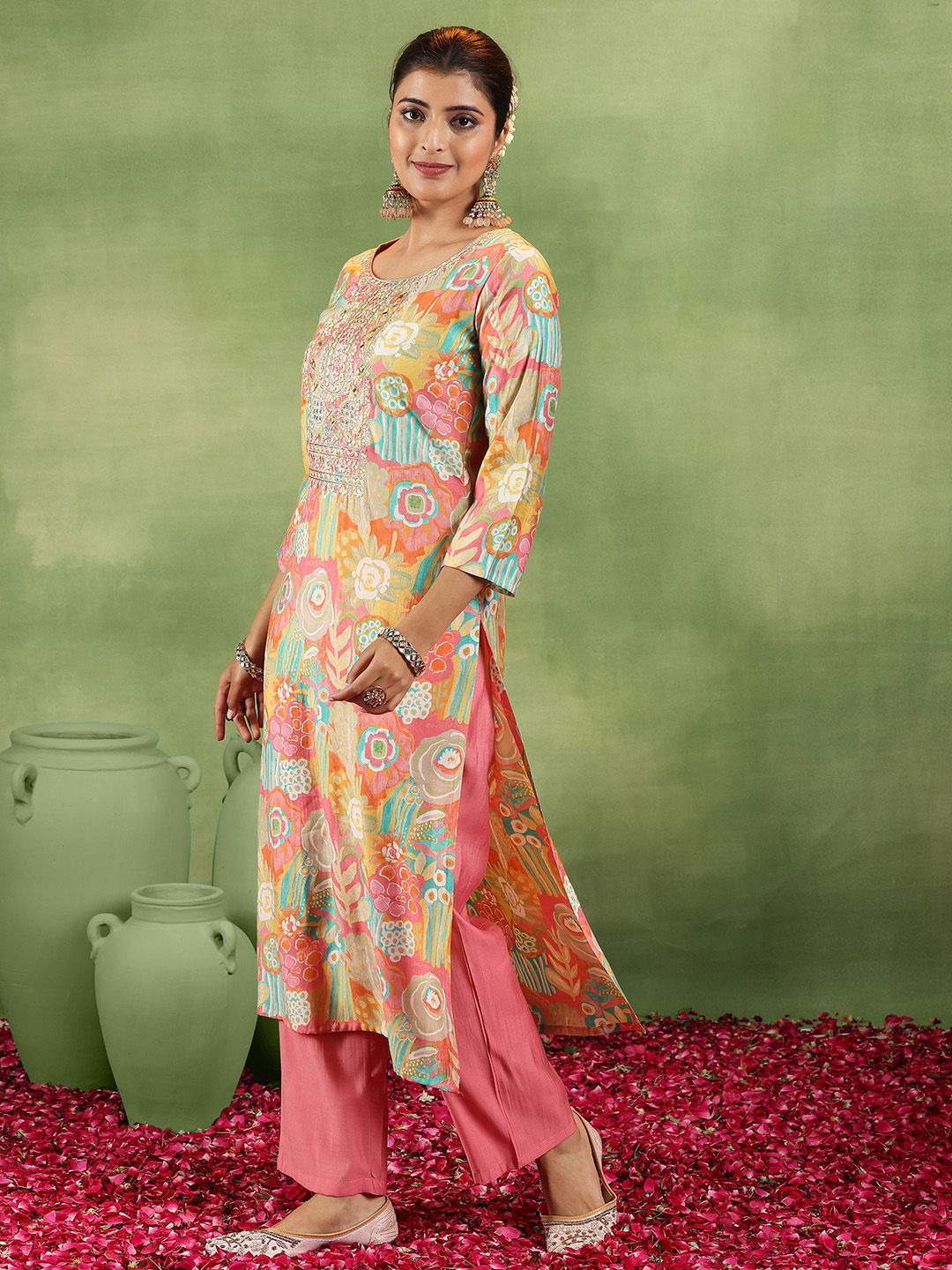 Libas Floral Embroidered Mirror Work Straight Kurta With Trousers & Dupatta