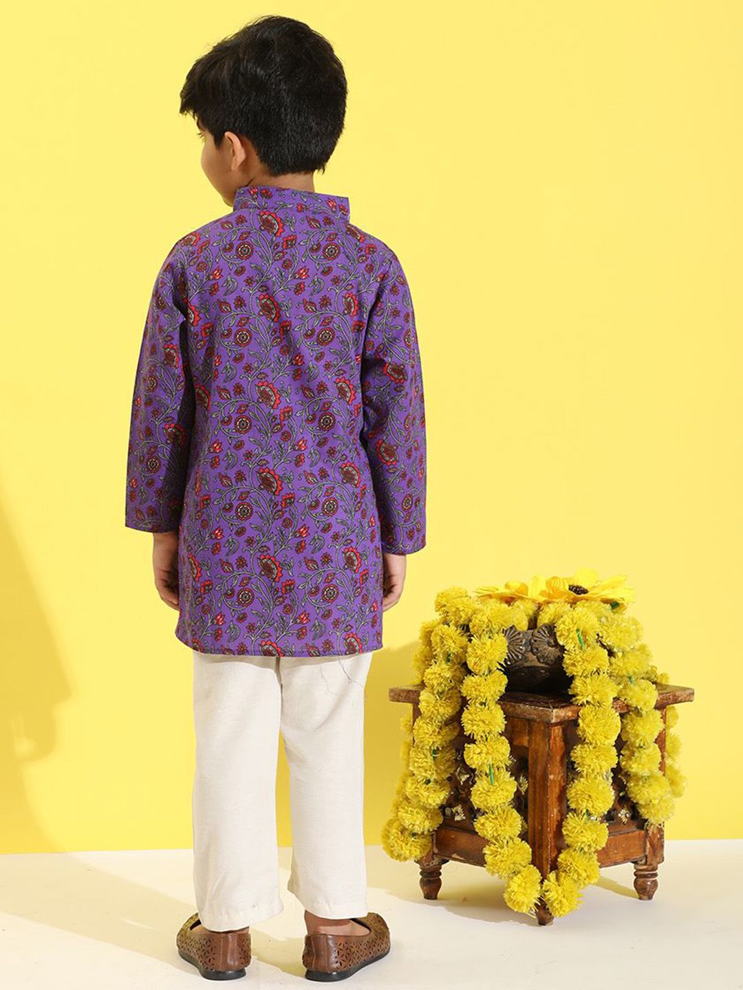 Cutiekins Boys Floral Printed Band Collar Straight Kurta With Pyjamas