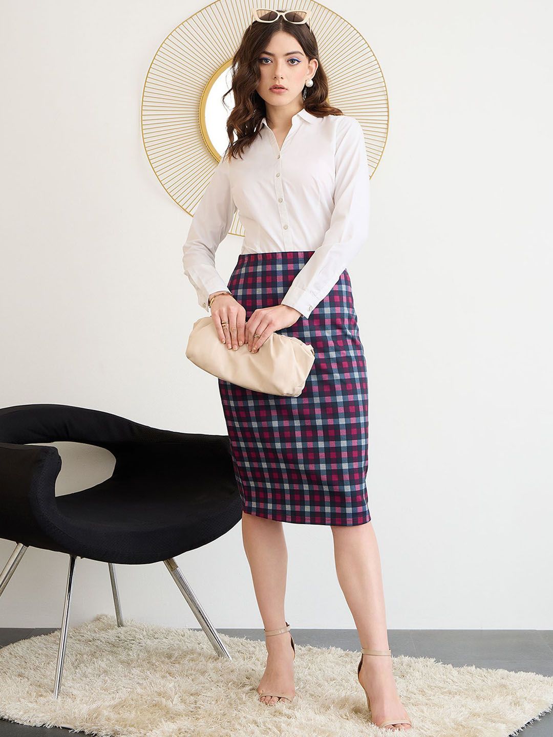 Berrylush Check High Rise Pencil Midi Skirt