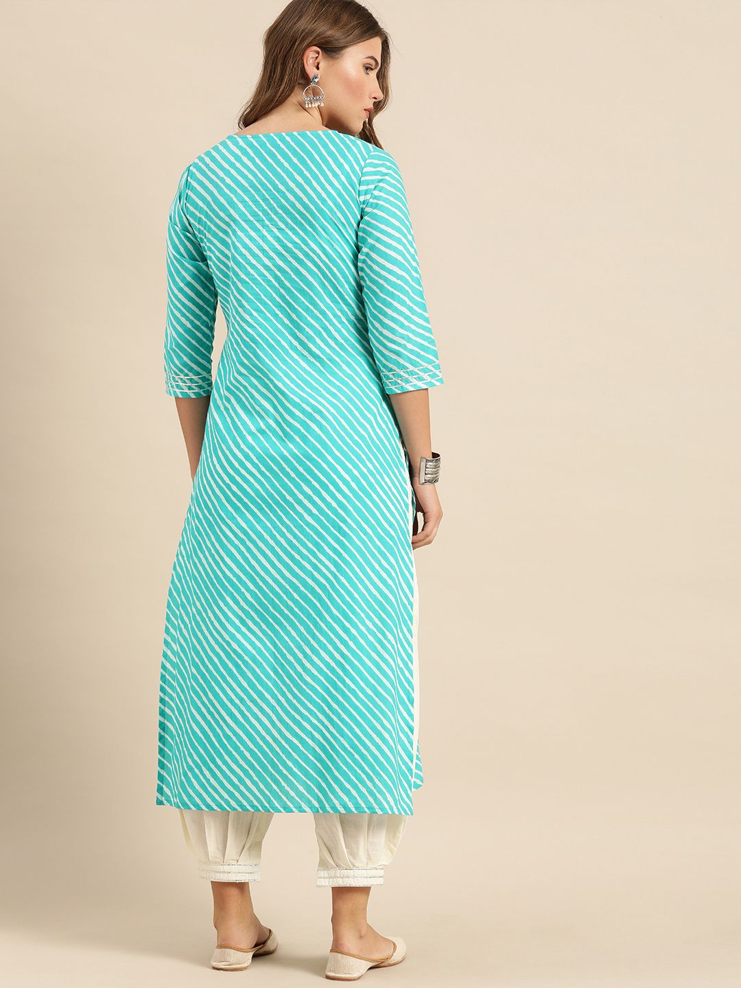 Varanga Women Turquoise Blue & White Leheriya Printed Paneled Kurta