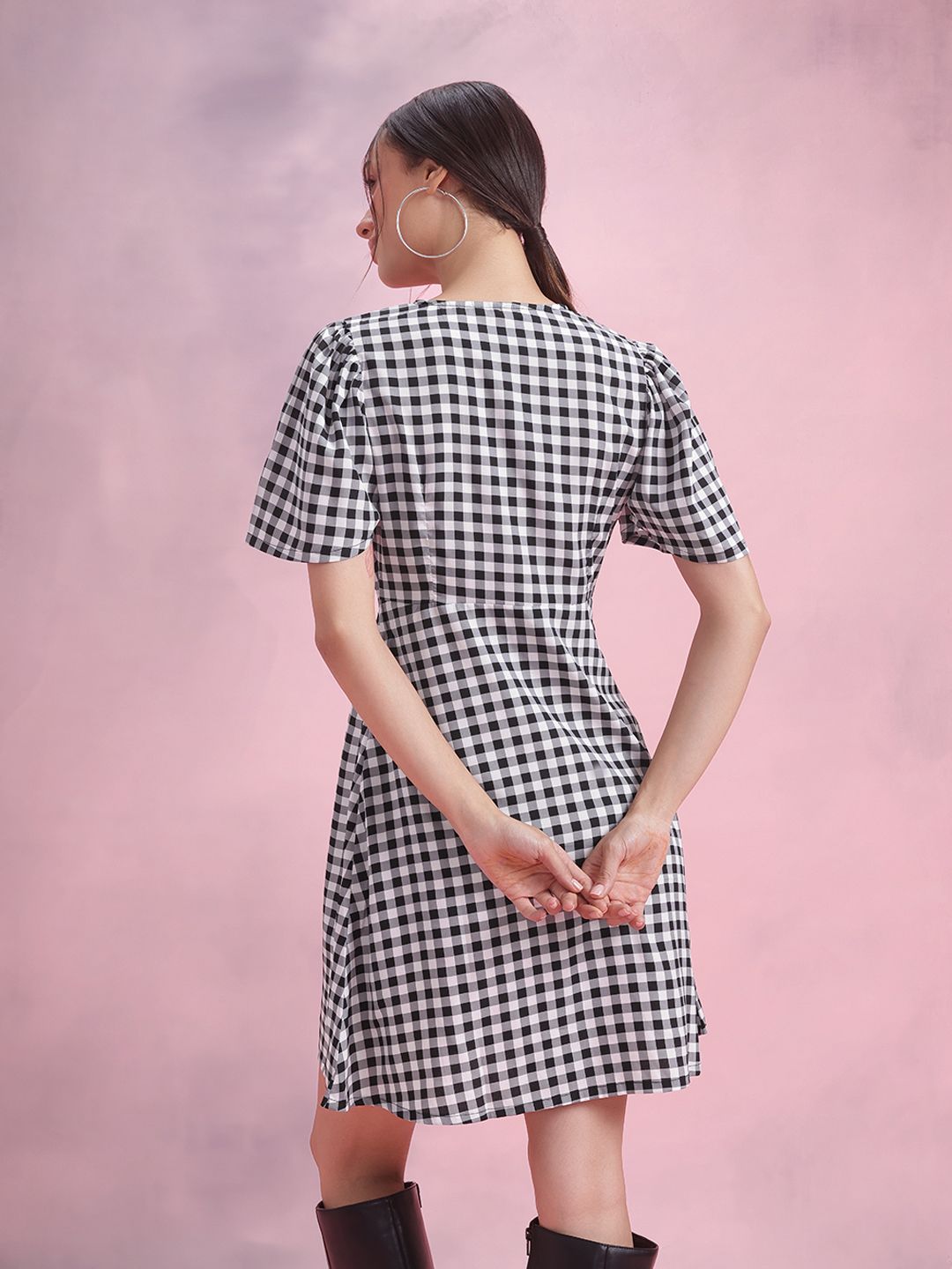 DressBerry Checked Tie-Up Neck Flared Sleeve Sheath Mini Dress