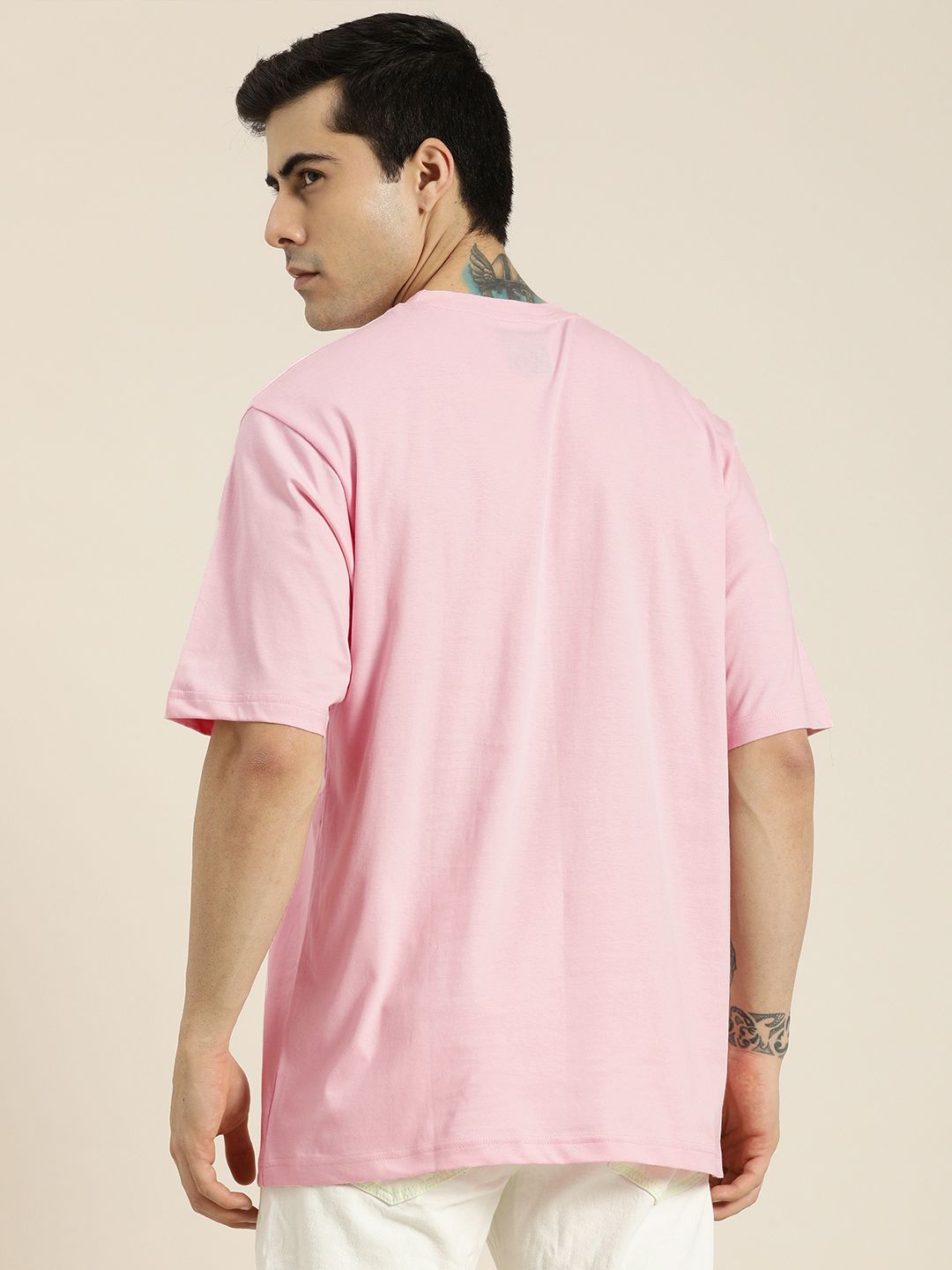 DILLINGER Men Pink & Blue Printed Drop-Shoulder Sleeves Pure Cotton Oversized T-shirt
