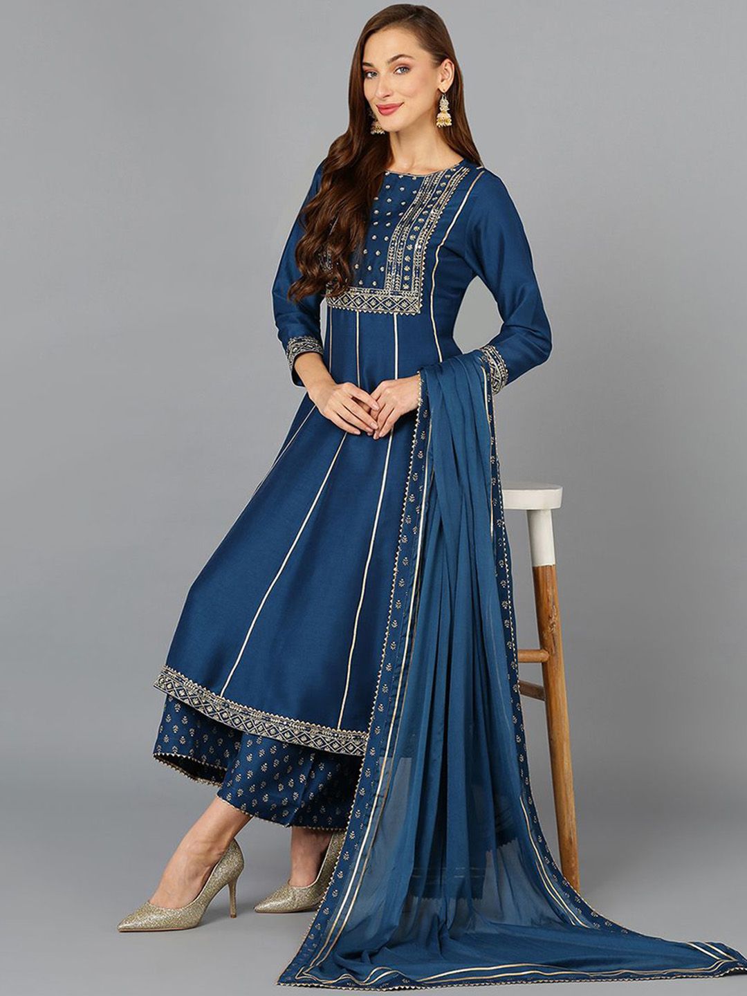 KALINI Floral Embroidered Sequinned Anarkali Kurta with Palazzos & Dupatta