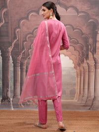 Vishudh Rose Embroidered Straight Kurta with Trouser & Dupatta