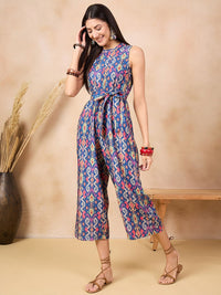 Anouk Blue Patola Printed Sleeveless Waist Tie-Ups Basic Jumpsuit