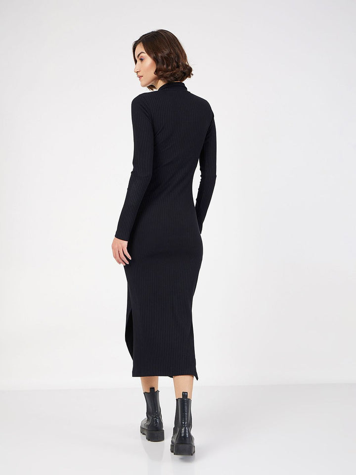 SASSAFRAS Black Ribbed Bodycon Midi Dress