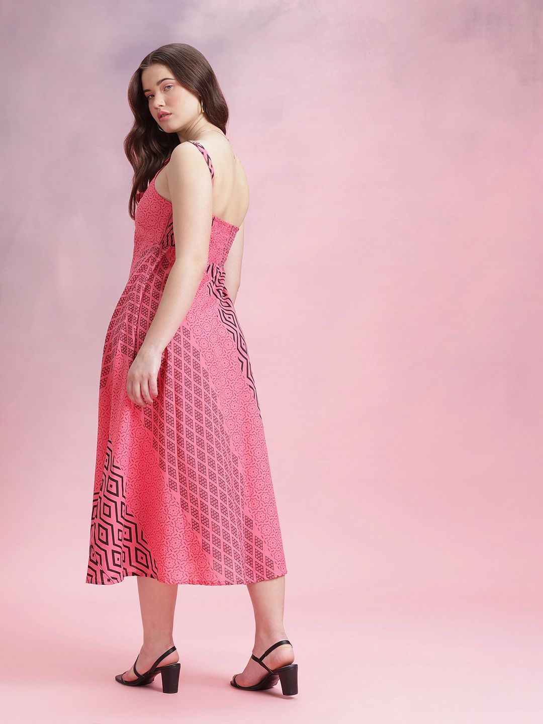 DressBerry Printed Pure Cotton Knot Detail A-Line Midi Dress