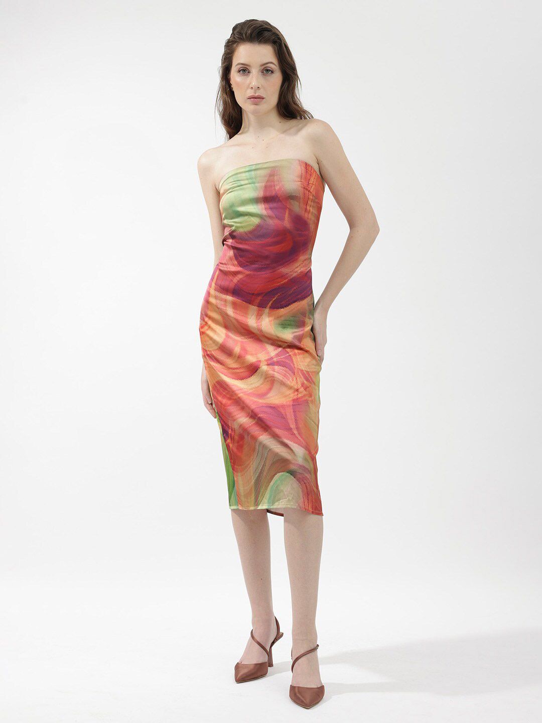 RAREISM Abstract Printed Strapless Bodycon Midi Dress