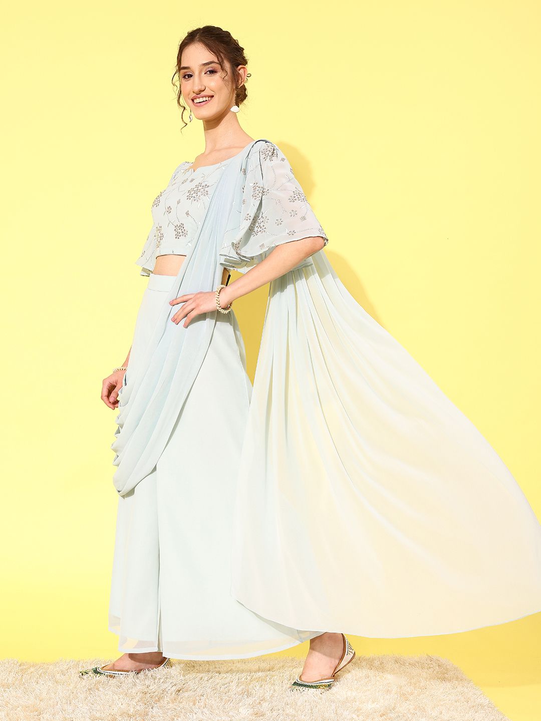 Libas Floral Embroidered Pure Georgette Palazzo Saree